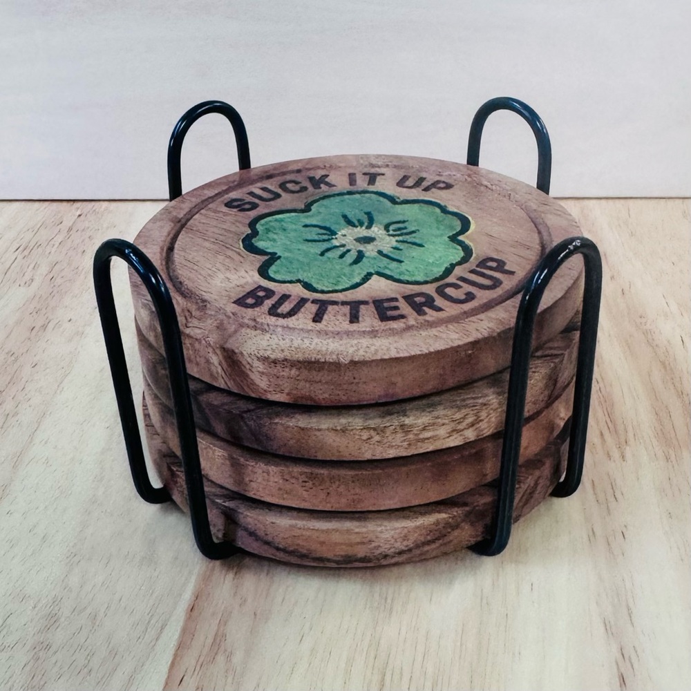 Wooden Coaster Set - "Suck It Up Buttercup" Engraved Design with Holder - Picture 2 of 5